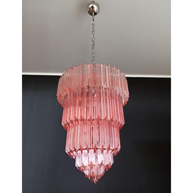 Fantastic and big Murano chandelier made by 112 Murano pink prism "quadriedri" in a nickel metal frame. Period: late XX...