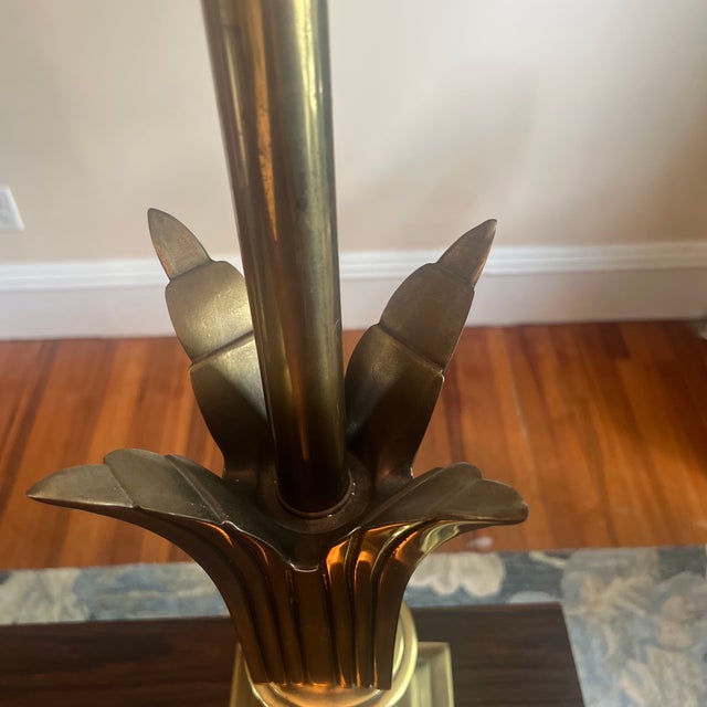 1970s Rembrandt Lamp Company Hollywood Regency Brass Palm Leaf Torchiere Table Lamps With Original Shades - a Pair For Sale - Image 11 of 12