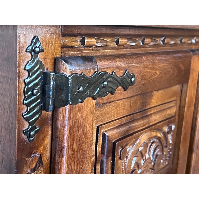 Brown 19th Century Narrow Catalan Spanish Baroque Carved Walnut Credenza or Buffet For Sale - Image 8 of 12