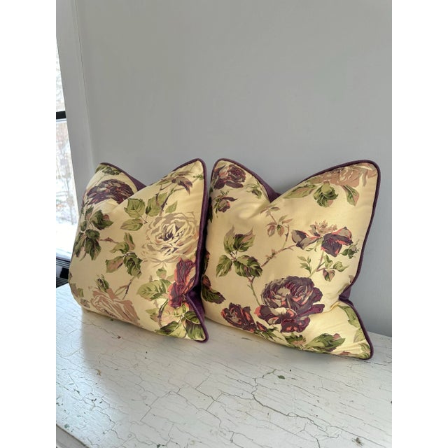 A very beautiful pair of 18” silk floral pillows in Bernard Thorp fabric. Each pillow is backed and trimmed in a...