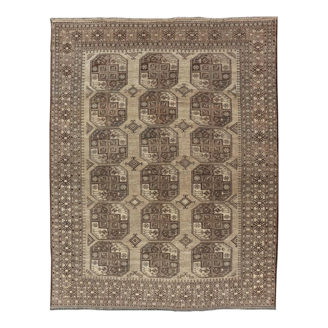 Mid 20th Century Hand-Knotted Turkomen Ersari Rug in Wool With All-Over Repeating Gul Design For Sale