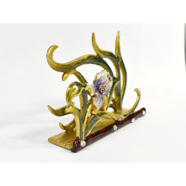 Victorian Vintage Enamel Rhinestones Flower Brass Desktop Business Card Holder For Sale - Image 3 of 8