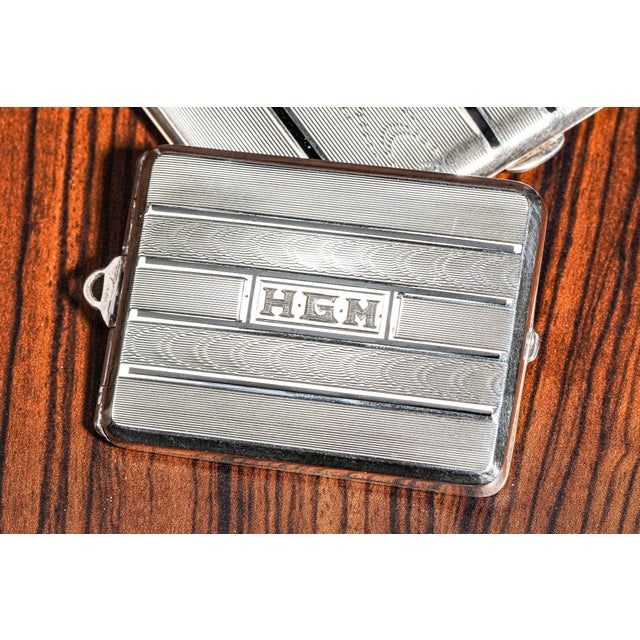 Fantastic Art Deco Engine Turned Sterling Silver Enamel Antique Cigarette Case and Vesta Tobacciana For Sale - Image 12 of 15