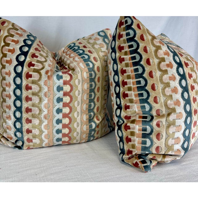 Geometric Cut Velvet Stripe in Multi 22" Pillows-A Pair For Sale - Image 4 of 4