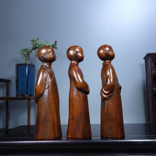 Wood Set of 3 Vintage Chinese Boxwood Carved Monk Figures – "Zen Mind" (Chan Xin) Statues For Sale - Image 7 of 9