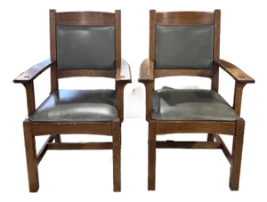Late 20th Century Pair of Stickley Mission Oak Leather Cottage Arm Chairs