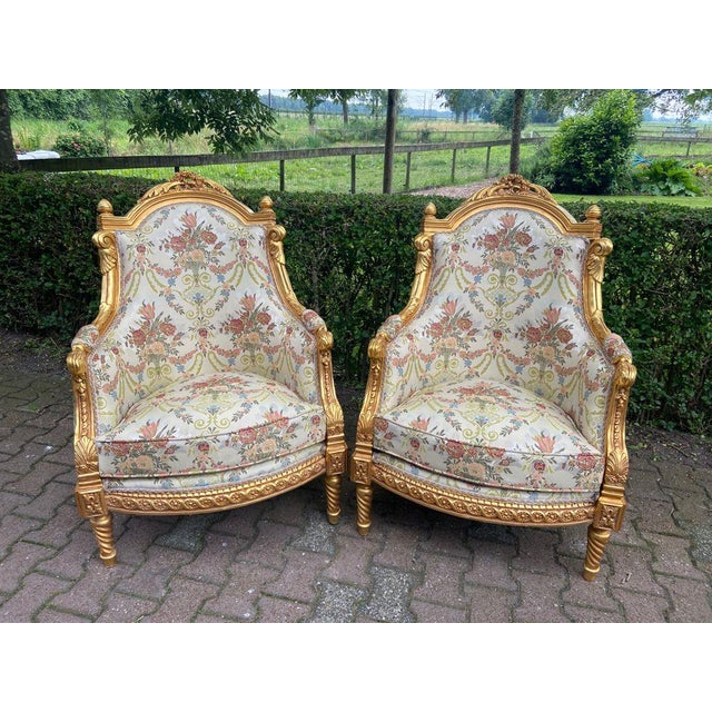 Late 20thC French Louis XVI Gold Beech Damask Bergères Pair For Sale - Image 11 of 11