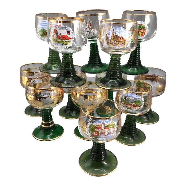 Emerald Green Beehive Stem German Souvenir Goblets-Set of 13 For Sale
