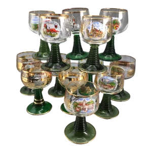 Vintage Emerald Green Beehive Stem German Souvenir Goblets-Set of 13