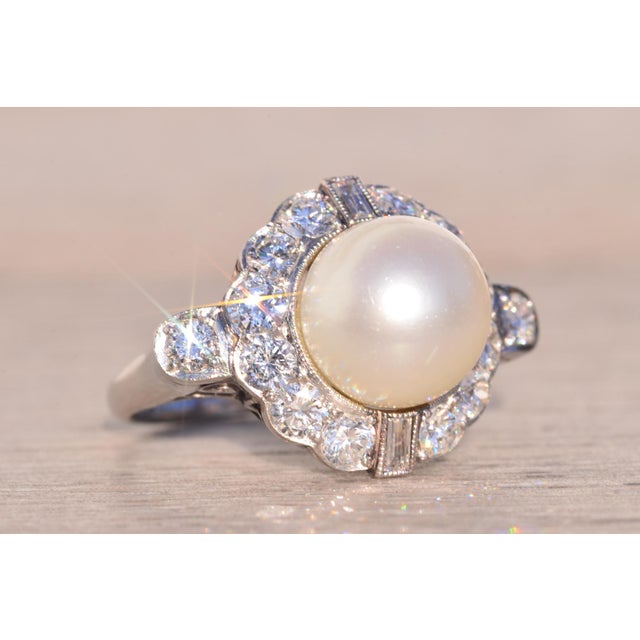 Silver The 114th Avenue: Antique Natural Pearl and Diamond Ring in Platinum For Sale - Image 8 of 11