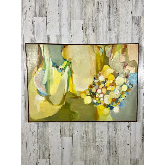 Vintage festive abstract oil on canvas with a simple lathe frame bu Barbara Tuch.