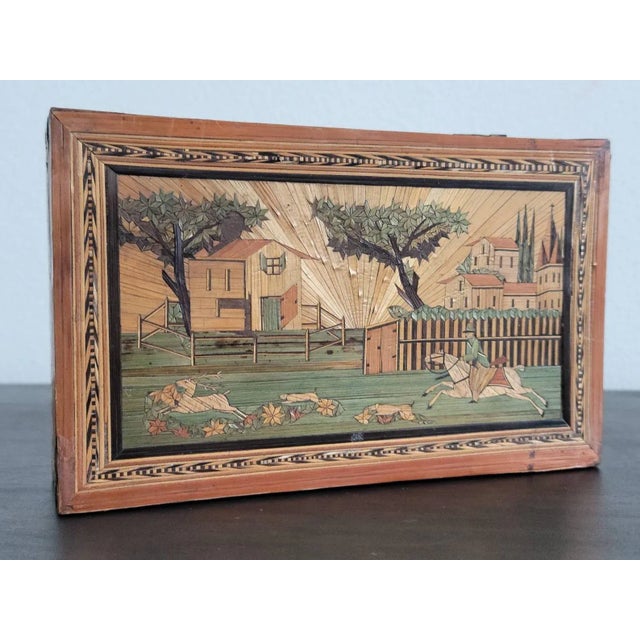 A rare French marqueterie de paille (colored straw marquetry) sewing work box. Delicately hand-crafted in Provincial...