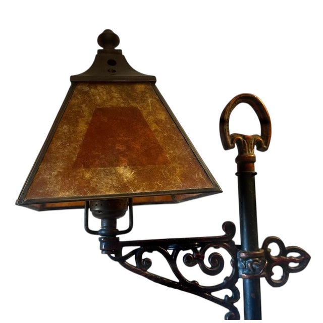 Fabulous old paints on iron with great painted mica and brass shade. Great entry piece or any mood placement.. Shade 6x6”,...