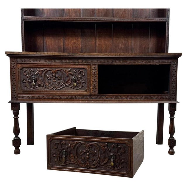 Antique 19th Century English Oak Dresser with Carved Decoration For Sale - Image 4 of 12