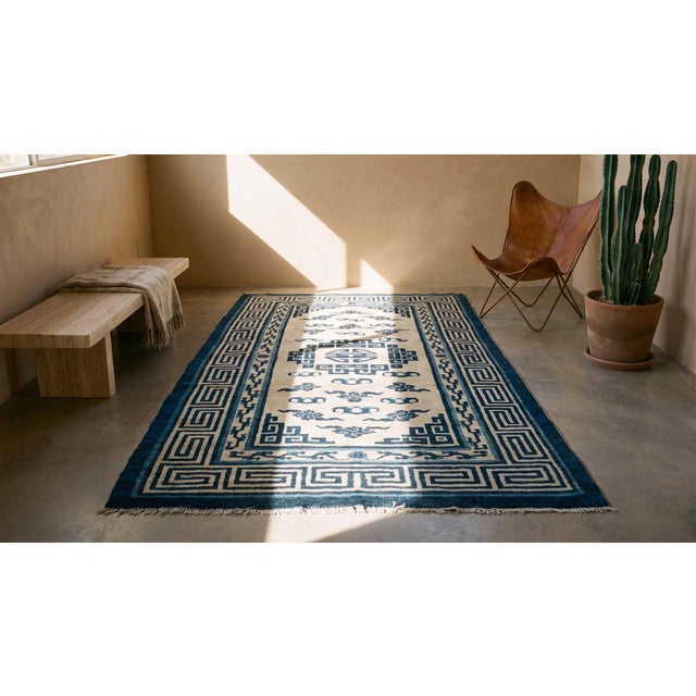 Blue 1850s White Blue Medallion Antique Chinese Mongolian Rug 4'0" X 7'6" Handknotted Wool Carpet For Sale - Image 8 of 9