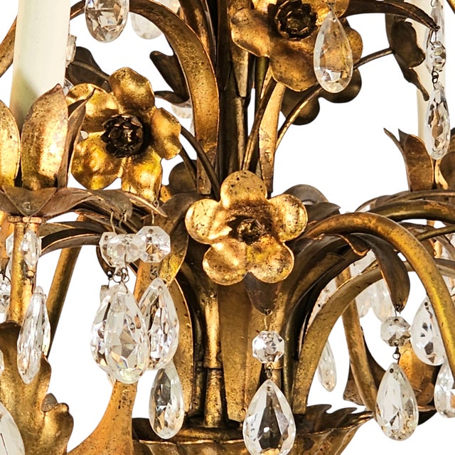 Gold Italian Hollywood Regency Gilt Tole 9-Arm Chandelier With Crystal Drops, 1950s For Sale - Image 8 of 10