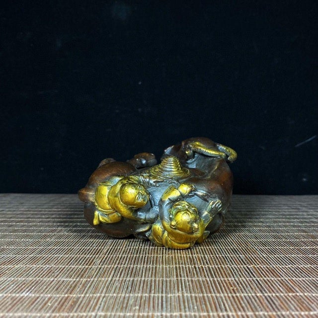 Bronze Vintage Gilt Bronze Buffalo With Boys Figure - Two Herders on Ox Sculpture For Sale - Image 8 of 9