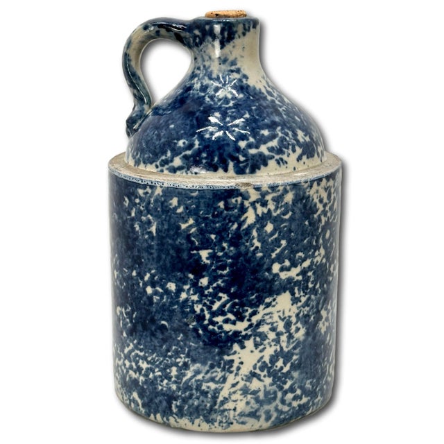 Very Rare Antique American 1 Gallon Size Blue Spongeware Decorated Stoneware Spirits Jug - Circa 1900 For Sale - Image 9 of 12