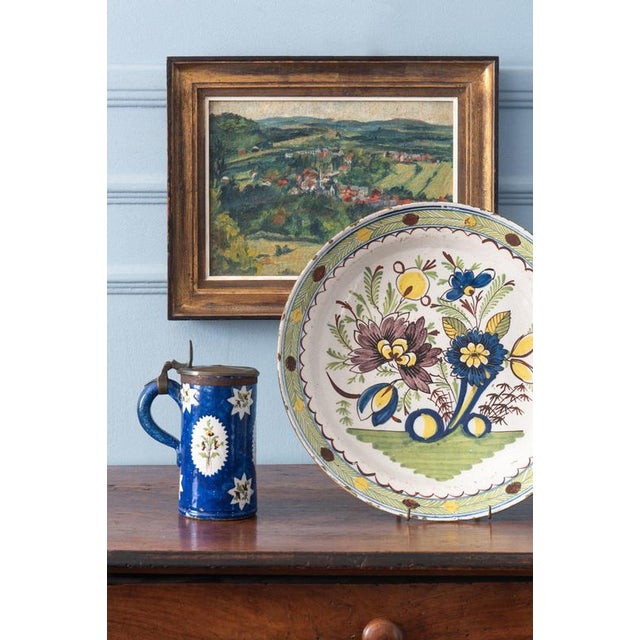 Antique Blue Floral Pewter-Mounted Beer Stein from Brussels Faience, 1800s For Sale - Image 11 of 12