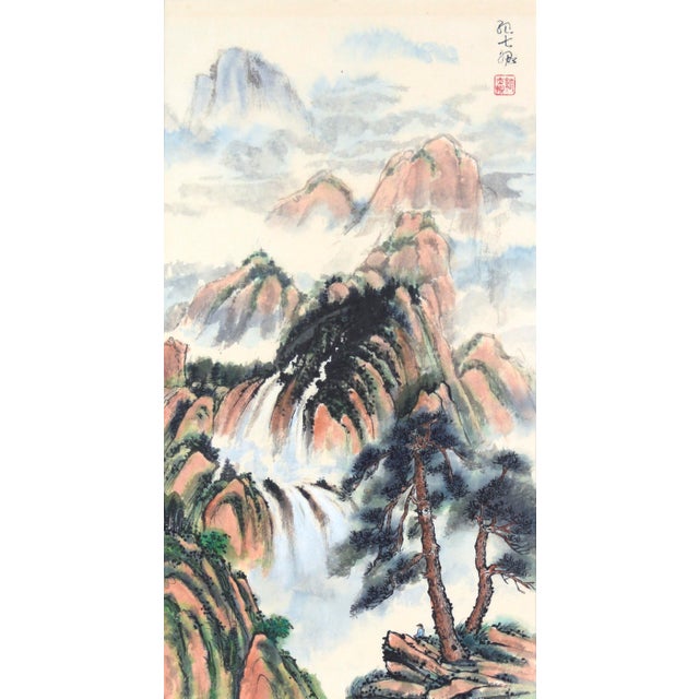 Asian Spring Rain - Vertical Chinese Landscape With Waterfalls and Mountains For Sale - Image 3 of 11