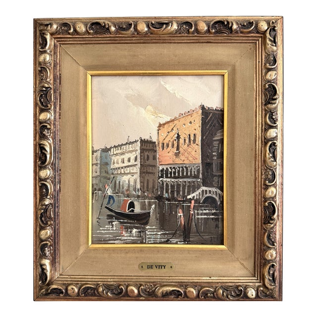 Mid 20th Century Antonio De Vity (1901-1993) Italian Oil Painting Venice Canal Gondola Cityscape For Sale