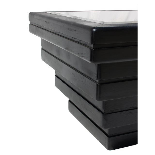 David Hicks 1980's Postmodern Step Pyramid Art Deco Square Black & Smoked Mirror Wood Coffee or Side Table For Sale - Image 4 of 10