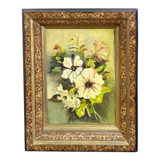 American 1940's Oil Painting - Still Life Floral, Signed, Tortoise Shell Finish Painted Frame For Sale