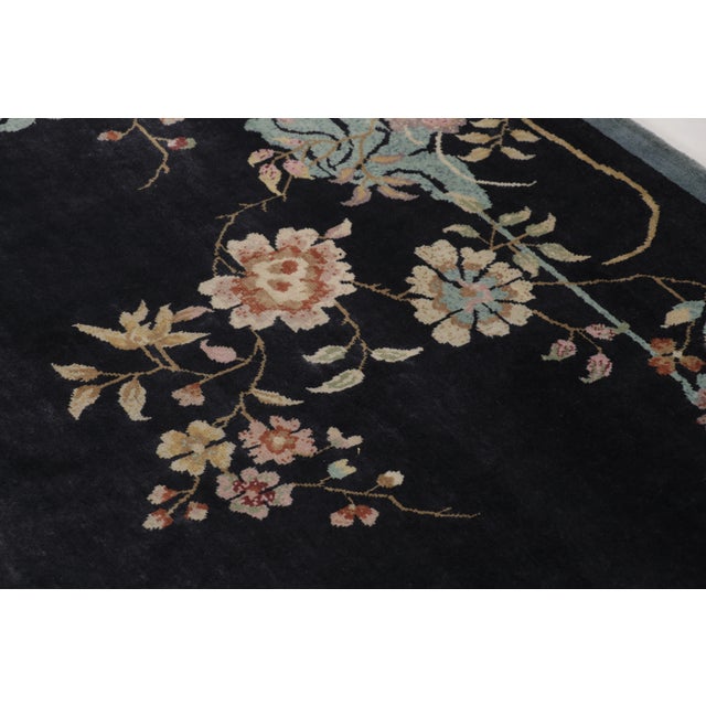 2010s Rug & Kilim’s Chinese Art Deco Inspired Rug, Elegant Florals on Midnight Blue For Sale - Image 5 of 8