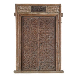 Antique Indian Carved Teakwood Door + Frame, 19th C. For Sale
