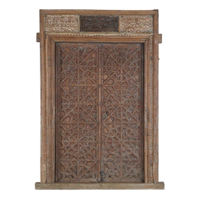 Antique Indian Carved Teakwood Door + Frame, 19th C. For Sale