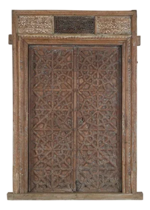 Antique Indian Carved Teakwood Door + Frame, 19th C.