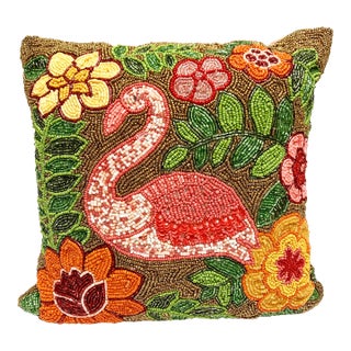 Beaded Pink Flamingo Floral Accent Pillow Cushion For Sale
