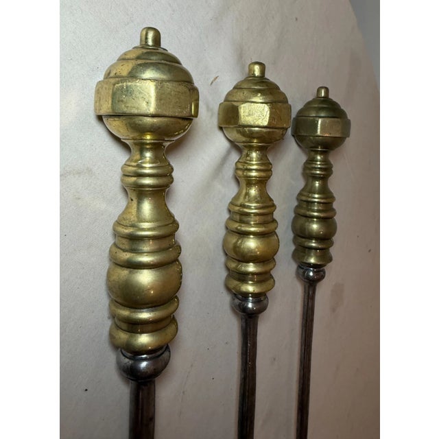 3 Huge Antique 1800s Wrought Iron Turned Brass Fireplace Tools Shovel Poker Tong For Sale In New York - Image 6 of 13