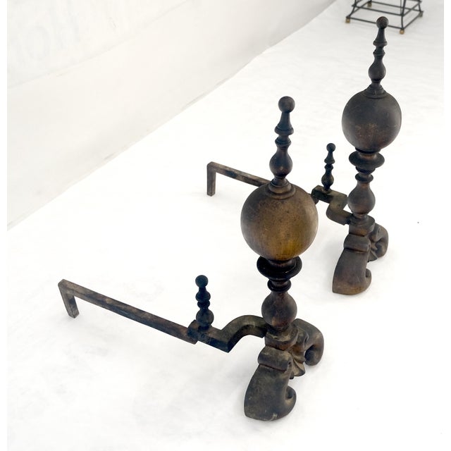Pair of Large & Heavy Brass 23" Tall Ball Shape End Irons c.1900s For Sale - Image 6 of 9