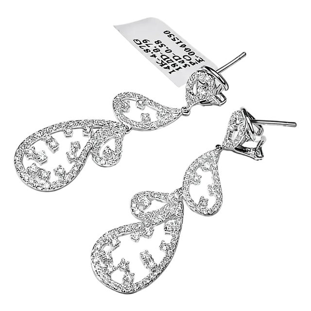 14K White Gold Diamond Hanging Drop Dangle Filigree Earrings For Sale