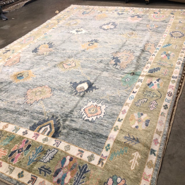 Contemporary Contemporary Turkish Oushak Rug in Gray-Blue With Beige Border, 9'8" X 14'4" For Sale - Image 3 of 4