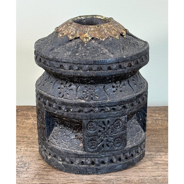 Vintage Tribal Bedouin Carved Wood Coffee Mortar With Brass Rim Mihbaj For Sale - Image 4 of 9