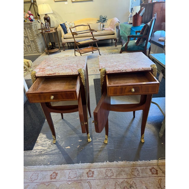 Brown 19th Century French Burled Walnut Marble Top Side Tables For Sale - Image 8 of 8