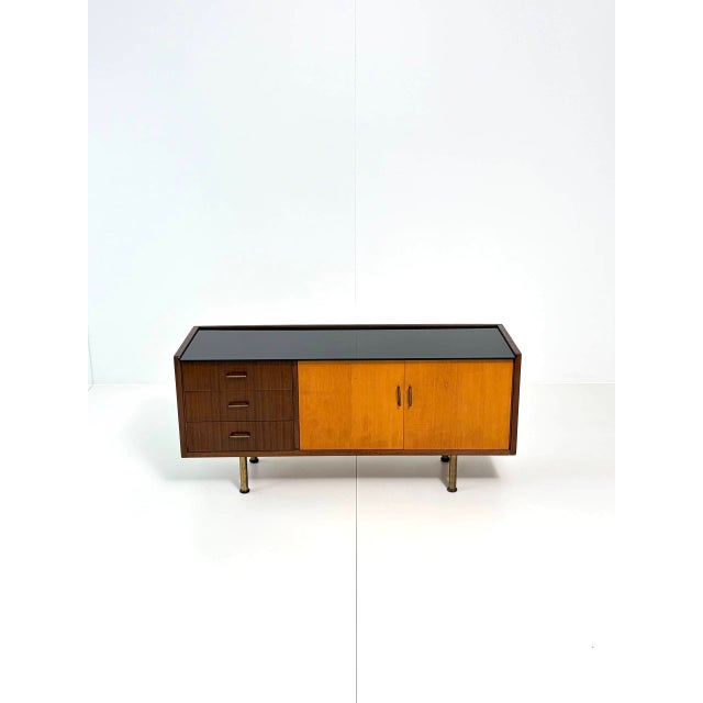 Mid-Century Modern Vintage Two-Tone Wood Sideboard with Black Glass Top, 1960s For Sale - Image 3 of 18
