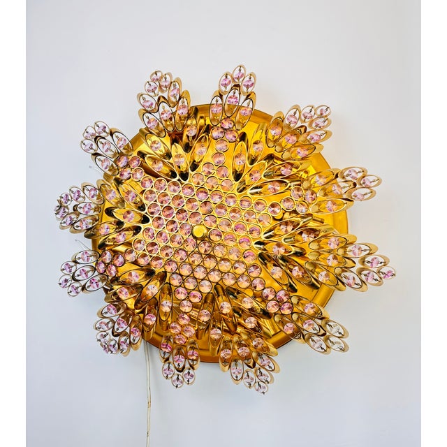 Vintage Brass Sunburst Ceiling Light, Hand-Painted Pink Crystal Beaded Mandala Chandelier, 10-Light Flush Mount For Sale - Image 9 of 18