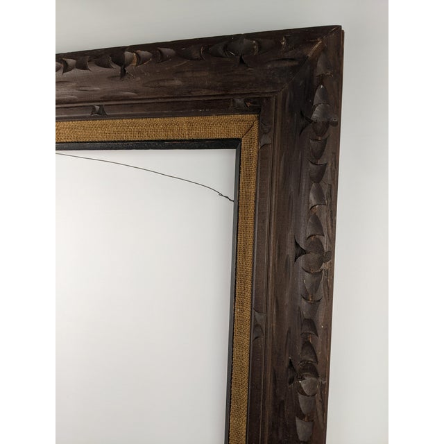 Large Vintage Arts & Crafts Hand-Carved Dark Brown Wood Frame With Linen Liner For Sale In New York - Image 6 of 11