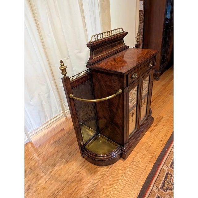 Wood 1930s Theodore Alexander Neoclassical Style Exotic Wood and Brass Umbrella Stand/Cabinet With Etched Glass Cabinets for Additional Storage For Sale - Image 7 of 11