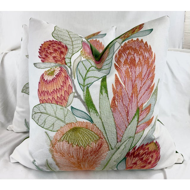 2020s Vervain "Sugarbush" in Papaya Embroidered 22" Pillows-A Pair For Sale - Image 5 of 5