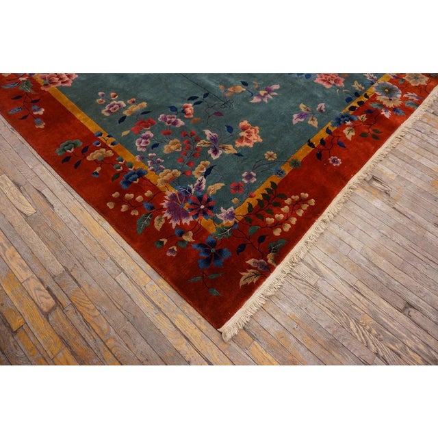 Textile 1920s Turquoise Vase Floral Antique Chinese Art Deco Rug 10' 8" X 11' 8" Knotted Wool Carpet For Sale - Image 7 of 15