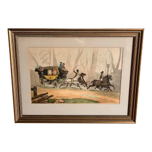 Vintage Framed Hand Colored Etching 'La Chaise De Posse' by Victor-Jean Adam