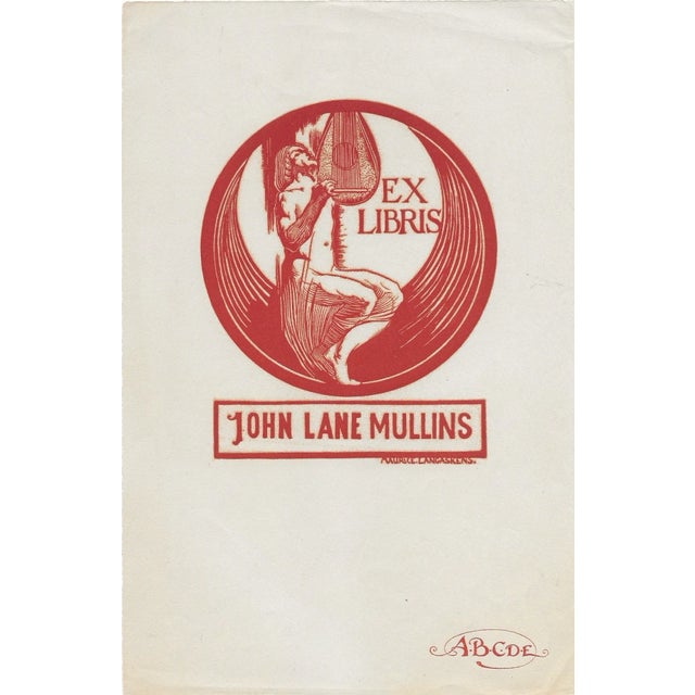 Belgian artist Maurice Langaskens (1884-1946) "Musician with Lute" woodcut bookplate. Signed in plate. From a large...