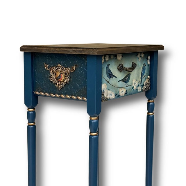 Wood Hand-Painted Blue Birds Console Table – Solid Wood Entryway Accent Furniture For Sale - Image 7 of 12
