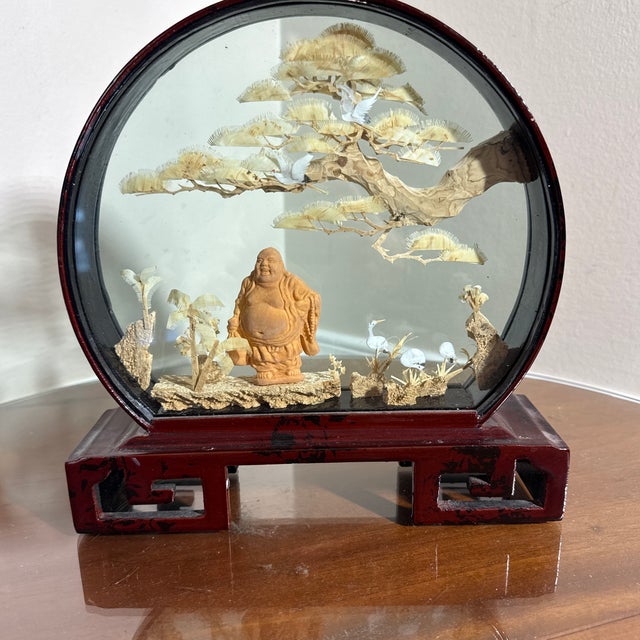 Unique handcarved cork art scenery housed in a glass case with brown lacquered wood. Perfect as a desktop display.