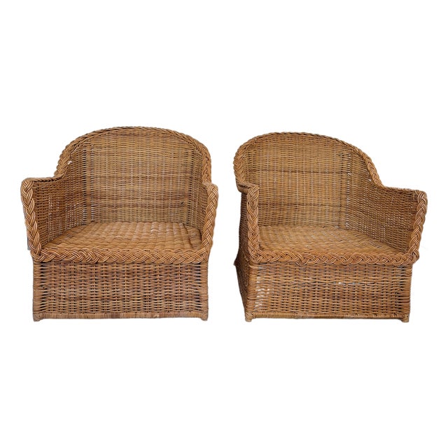 Pair of Vintage Woven Rattan/wicker Barrel-style Accent Chairs For Sale