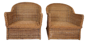 Pair of Vintage Woven Rattan/wicker Barrel-style Accent Chairs